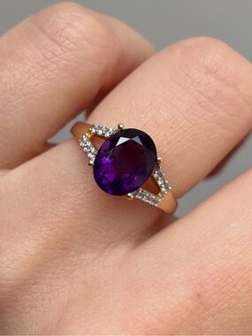 10k Gold Purple Amethyst White Topaz Gemstone Oval Birthstone Ring